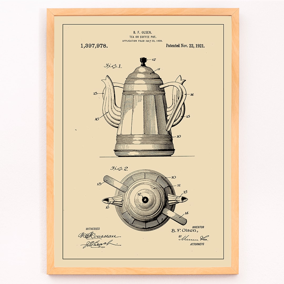 Patent illustration and technical drawing poster of tea or coffee pot by B F Olsen with detailed views and patent information, framed and displayed in modern living room decor