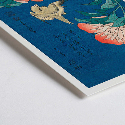 Closeup detail of Peonies and canary by Katsushika Hokusai featuring a canary bird among blooming peonies with blue background artwork poster