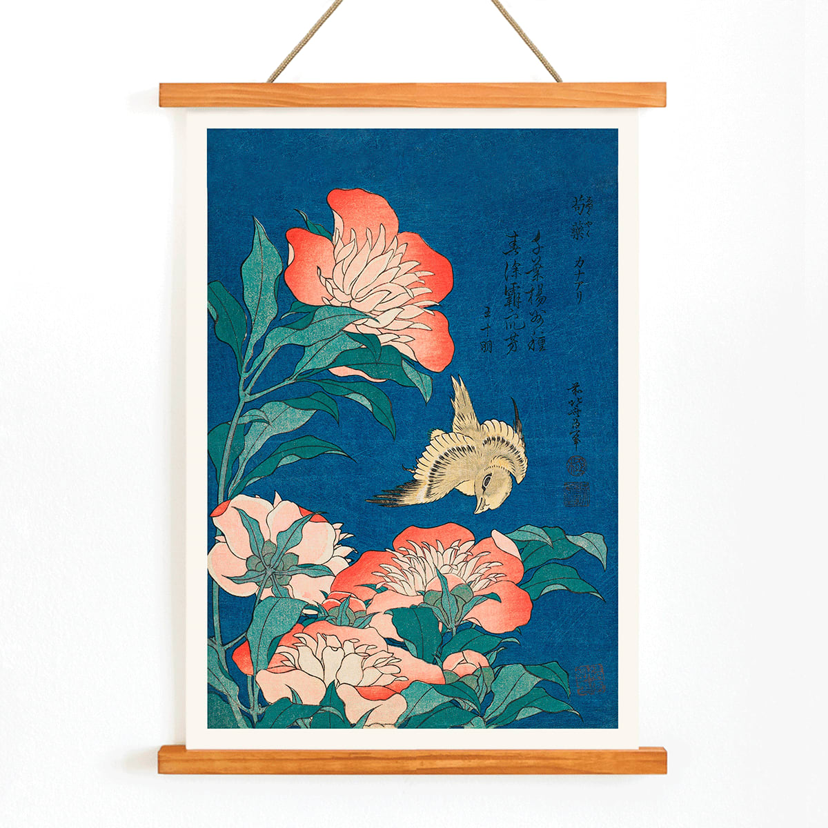 Peonies and canary by Katsushika Hokusai featuring a canary bird among blooming peonies with blue background artwork poster, with wooden magnetic frame on white background