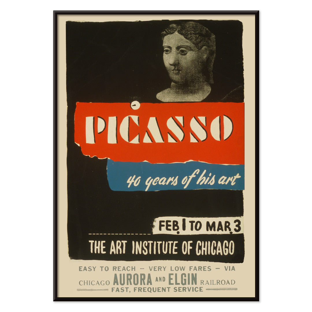 Vintage exhibition poster for Picasso 40 years of his art at Art Institute of Chicago featuring classical sculpture bold graphic text and sculpted head artwork, with black aluminium frame on white background