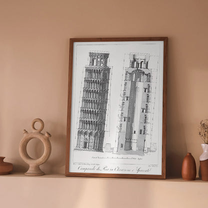 Architectural illustration and poster of the Leaning Tower of Pisa Campanile di Pisa by GL Taylor featuring elevations and section views, framed and displayed in home decor