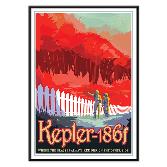 Two astronauts on Kepler-186f with red grass and trees NASA artwork poster wall decor, with black aluminium frame on white background