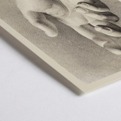 Closeup detail of Poster of a detailed pencil drawing of a sculpted raised hand by Dankvart Dreyer titled A Hand Drawn After Plaster