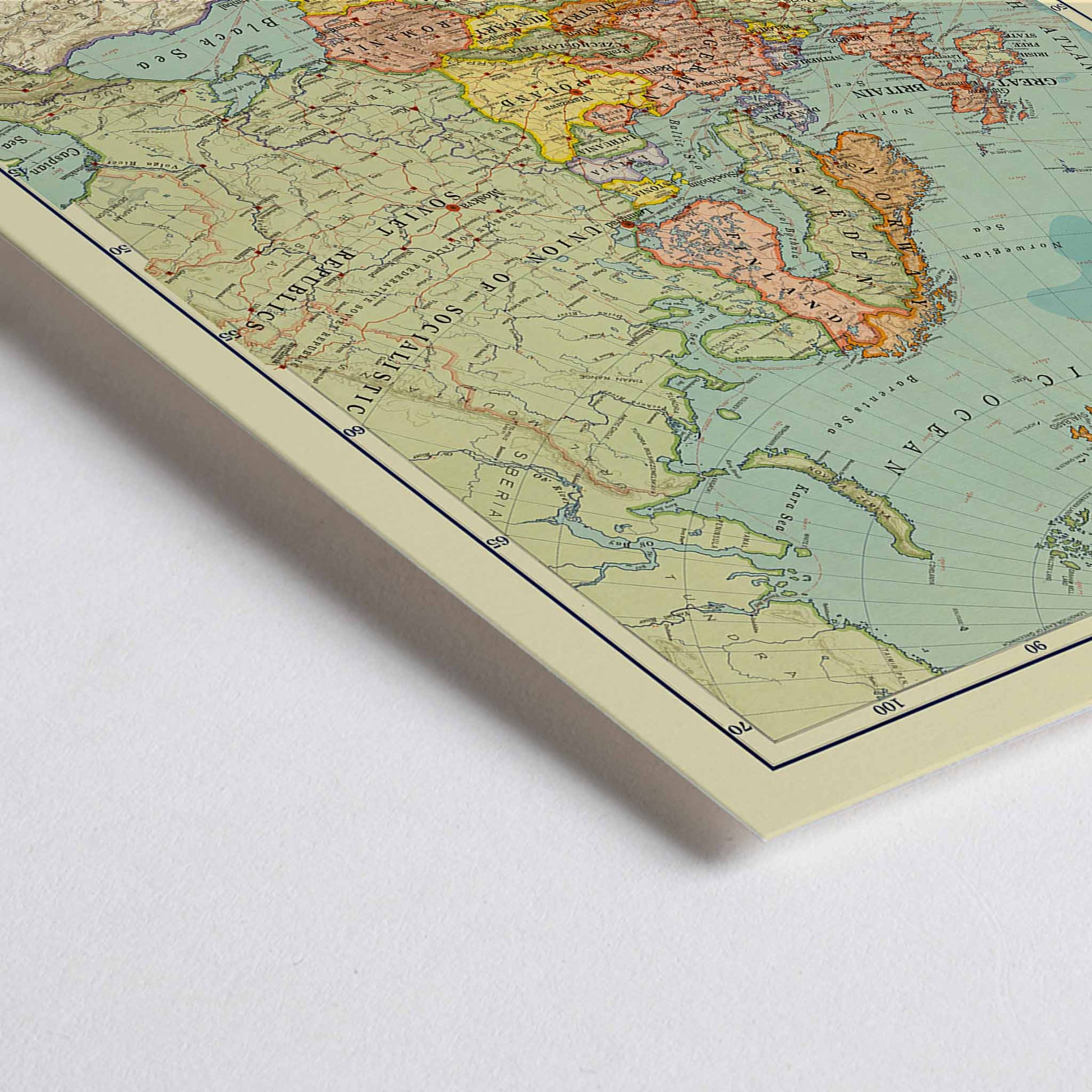 Closeup detail of Rand McNally and Company Political Map of Europe poster with detailed continental map, colored borders, seas, and vintage cartographic typography
