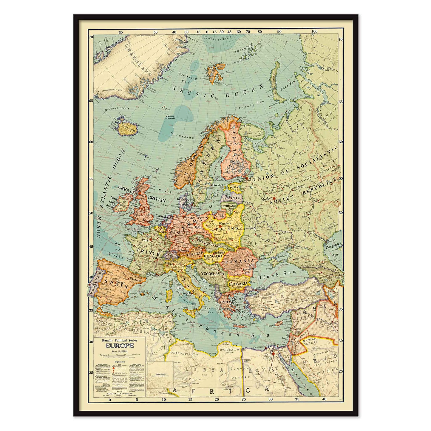 Rand McNally and Company Political Map of Europe poster with detailed continental map, colored borders, seas, and vintage cartographic typography, with black aluminium frame on white background