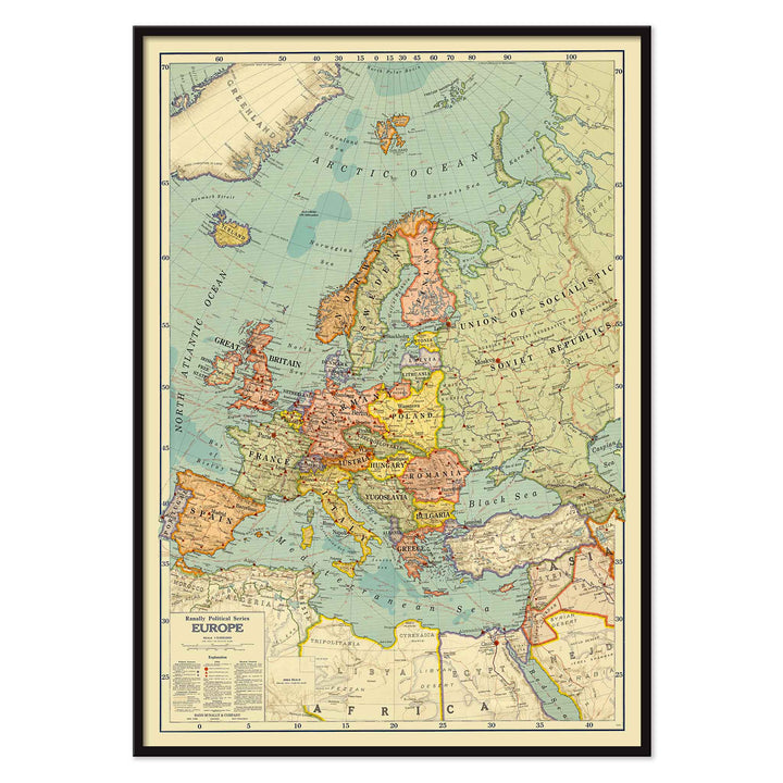 Rand McNally and Company Political Map of Europe poster with detailed continental map, colored borders, seas, and vintage cartographic typography, with black aluminium frame on white background