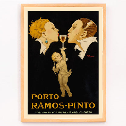 Porto Ramos-Pinto poster by Rene Vincent with two people about to kiss and a cherub holding a wine glass, framed and displayed in modern living room decor