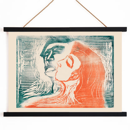 Head by Head by Edvard Munch poster showing man and woman kissing with expressive faces and abstract lines artwork, with wooden magnetic frame on white background