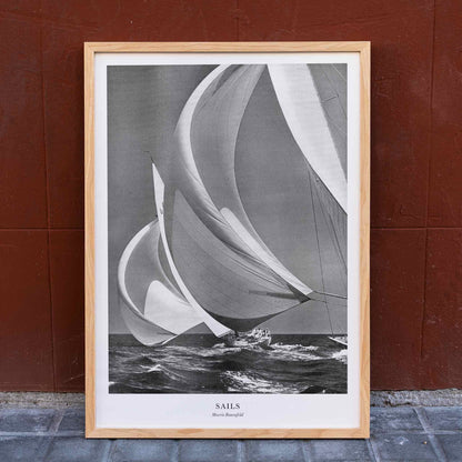 Sailing yacht with billowing sails on the open ocean by Morris Rosenfeld titled Sails poster artwork, framed and displayed in home decor