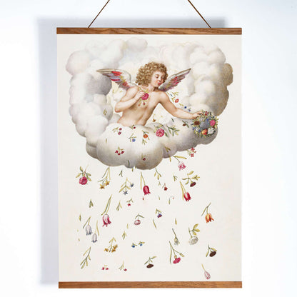 Angel or cherub with wings sitting on a cloud scattering flowers La Guirlande de Julie illustration artwork poster, with wooden magnetic frame on white background