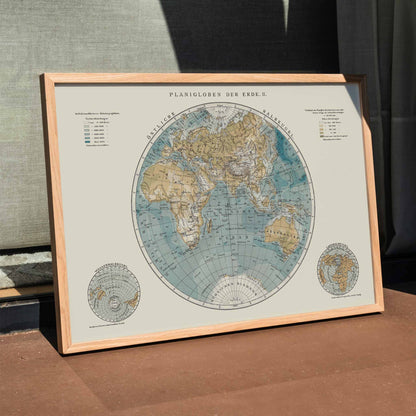 Detailed vintage world map illustration and poster titled Planiglobes of the Earth II by The Institute of Liepzig featuring colored geographical features, framed and displayed in home decor
