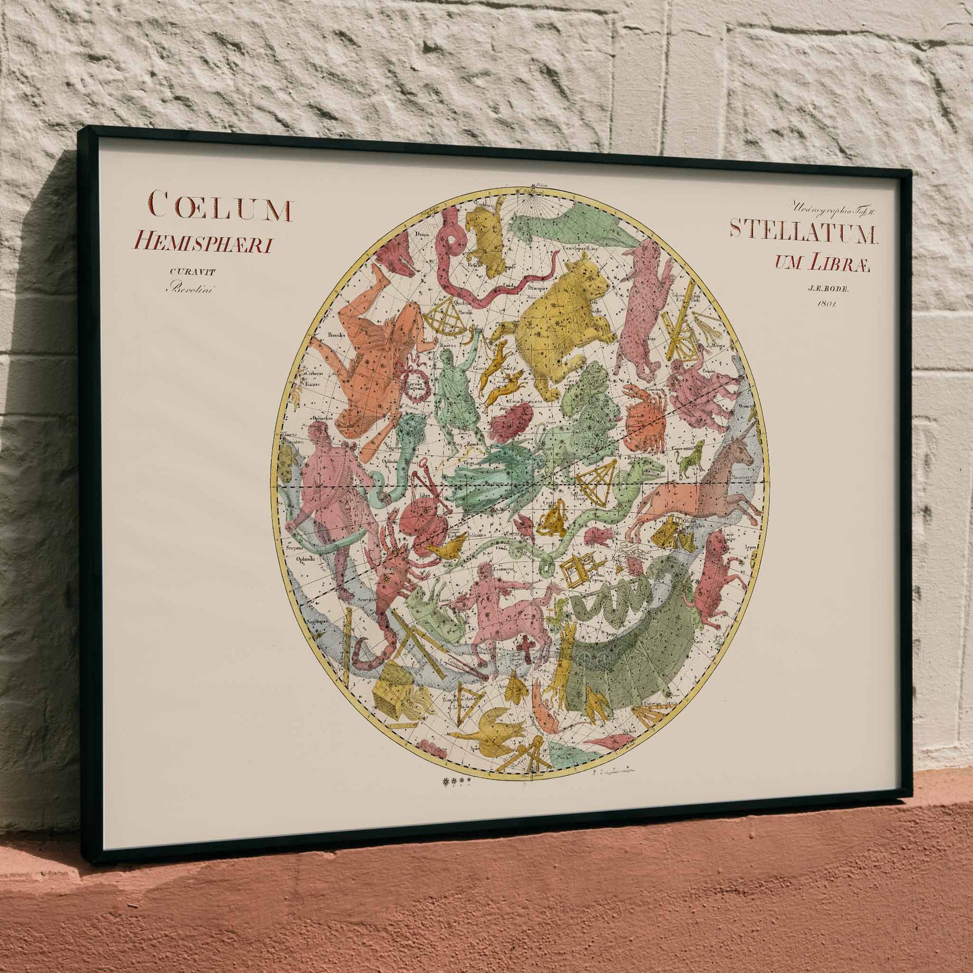 Celestial map Coelum Stellatum Hemisphaerium Librae by Johann Elert Bode colorful constellation poster illustration, framed and displayed in home decor