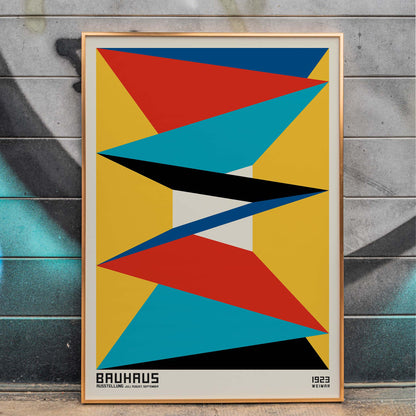 Geometric abstract Bauhaus poster 16 featuring vibrant geometric shapes in red blue black and yellow arranged symmetrically framed artwork, framed and displayed in home decor