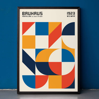 Bauhaus Poster 19 with bold colors geometric shapes squares and circles modern wall art, framed and displayed in home decor