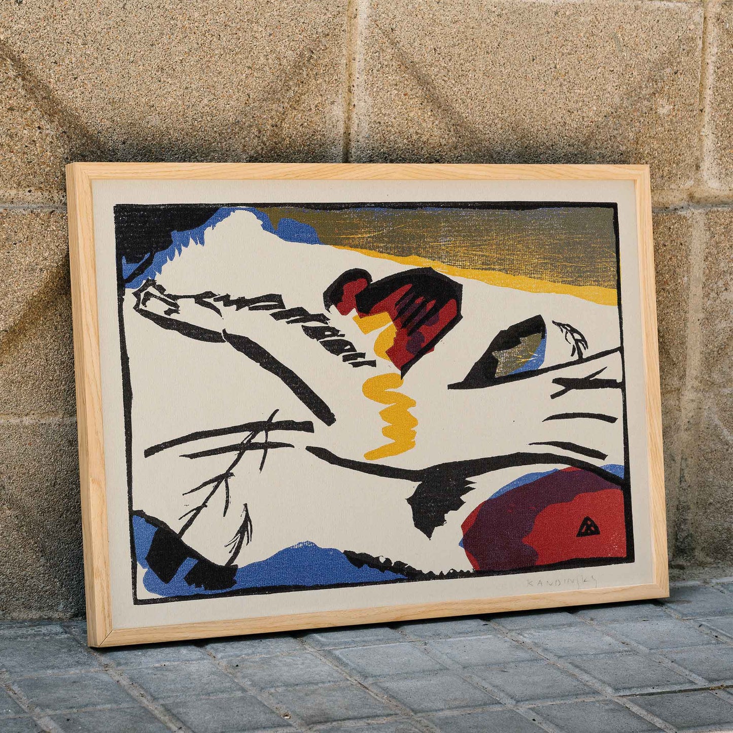 Abstract modern art poster Lyrisches by Wassily Kandinsky with bold lines and vivid colors, framed and displayed in home decor