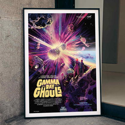 Astronauts and asteroids in vibrant cosmic explosion Gamma Ray Ghouls by NASA space wall art poster, framed and displayed in home decor