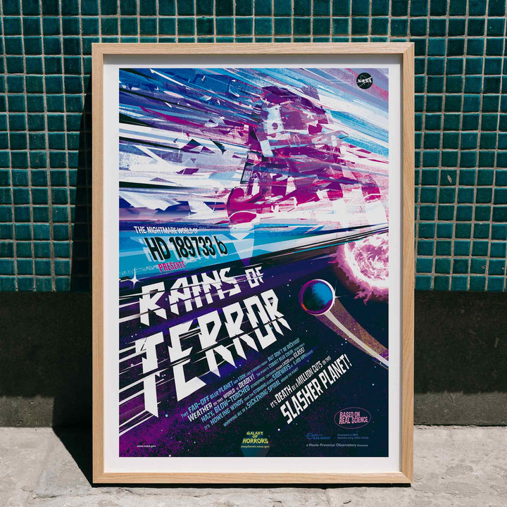 Colorful sci fi poster titled Rains of Terror by NASA featuring a dramatic alien storm scene vivid colors planets and dynamic space artwork, framed and displayed in home decor