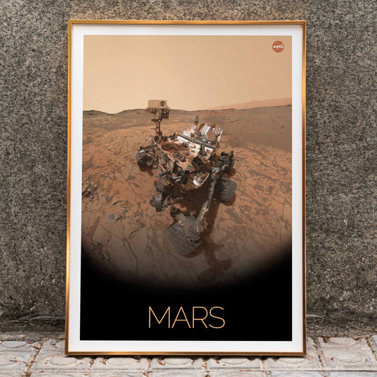 Mars exploration rover by NASA on the Martian surface in the Rover on Mars poster with NASA logo in top right corner, framed and displayed in home decor