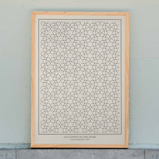 Geometric patterns and arabesque design from Les elements de l art arabe by Jules Bourgoin poster, framed and displayed in home decor