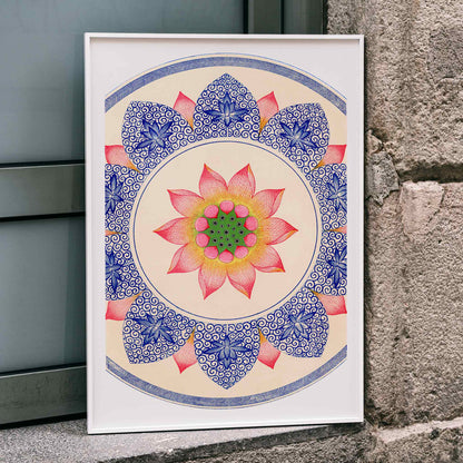 Pink floral pattern with intricate blue and red designs from Examples of Chinese Ornament by Owen Jones poster, framed and displayed in home decor
