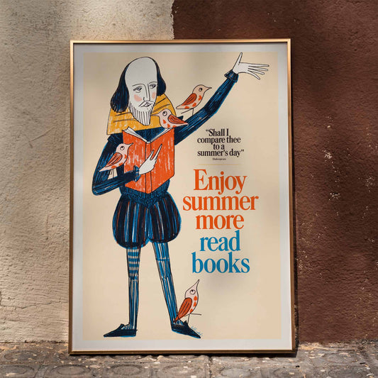 Shakespeare reading with birds and a book Enjoy summer more read books poster and illustration by Bill Sokol, framed and displayed in home decor