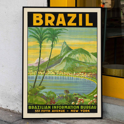 Scenic Brazilian landscape and vintage travel poster art featuring Sugarloaf Mountain and palm trees by Waldomiro Goncalves Christino titled Brazil 1, framed and displayed in home decor