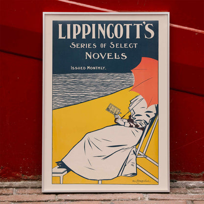 Poster of Lippincotts Series of Select Novels by William Carqueville showing a woman reading under a red umbrella by the beach, framed and displayed in home decor