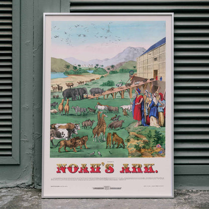 Noahs Ark illustration and poster by H C Tunison showing animals boarding a large wooden ark with mountains and palm trees in the background, framed and displayed in home decor