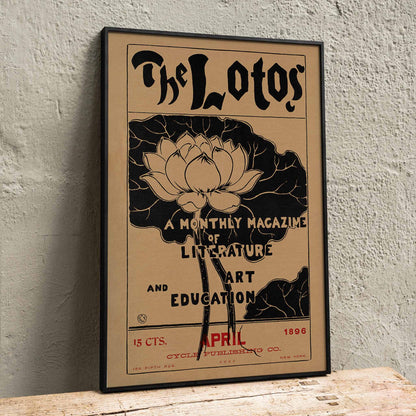 The Lotos monthly magazine cover and poster by Arthur Wesley Dow featuring lotus flower illustration and art education themed typography, framed and displayed in home decor
