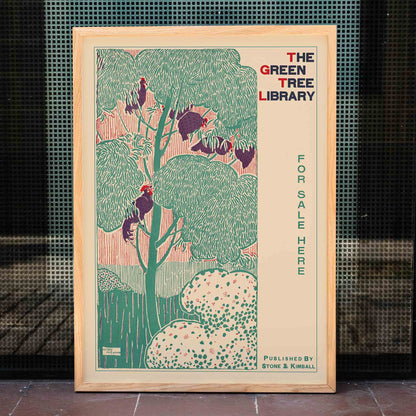 Vibrant green tree illustration and poster by Henry McCarter titled The Green Tree Library featuring green foliage decorative border and text for sale, framed and displayed in home decor