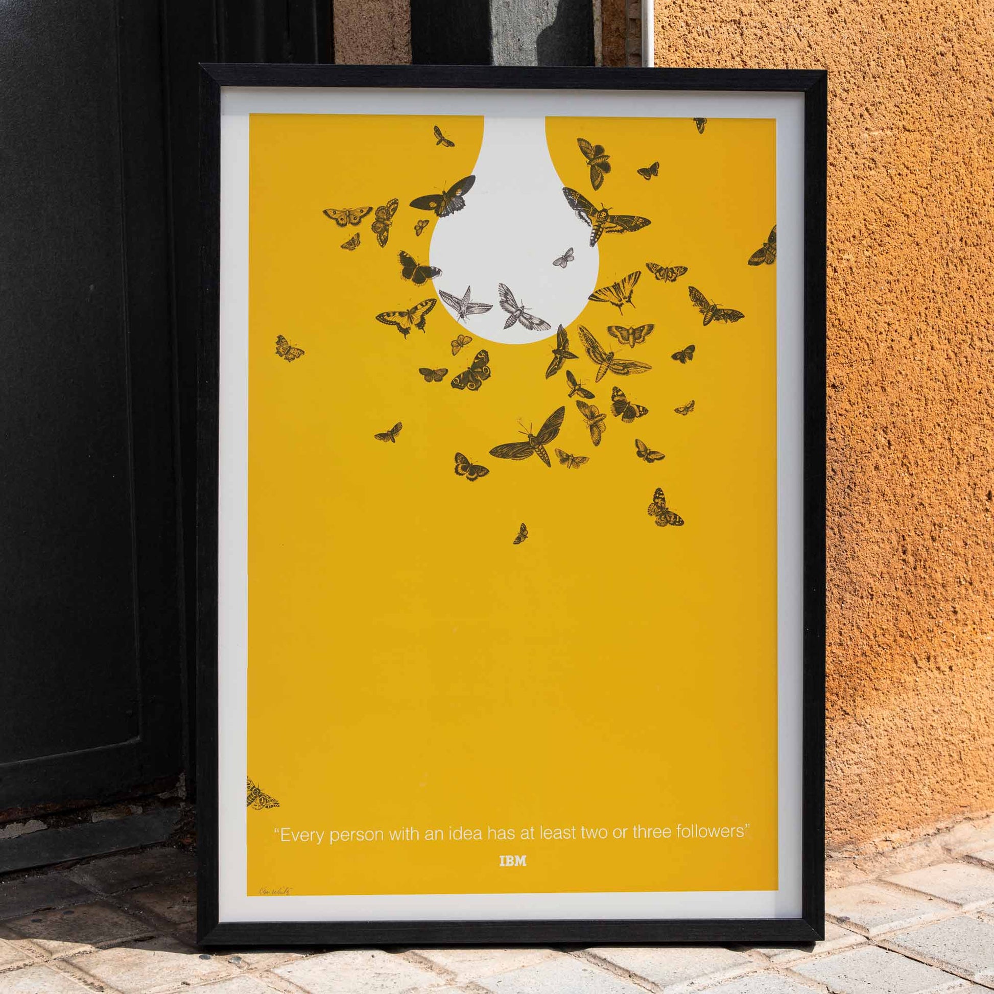 Ken White artwork Every person with an idea has at least two or three followers featuring butterflies attracted to a light bulb poster, framed and displayed in home decor