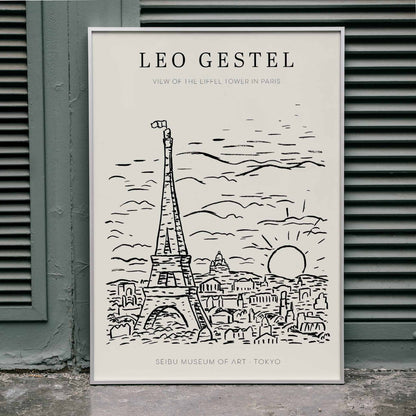 Artwork by Leo Gestel View of the Eiffel Tower in Paris sketch of Eiffel Tower and cityscape poster, framed and displayed in home decor