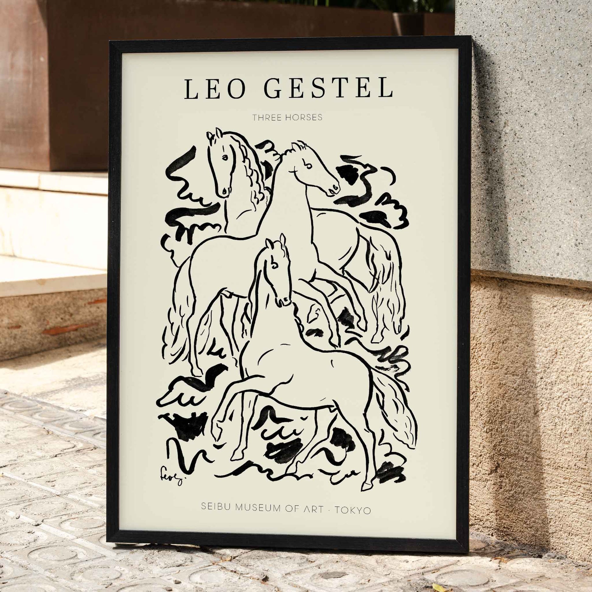 Three Horses by Leo Gestel black and white illustration of three horses in dynamic poses poster, framed and displayed in home decor