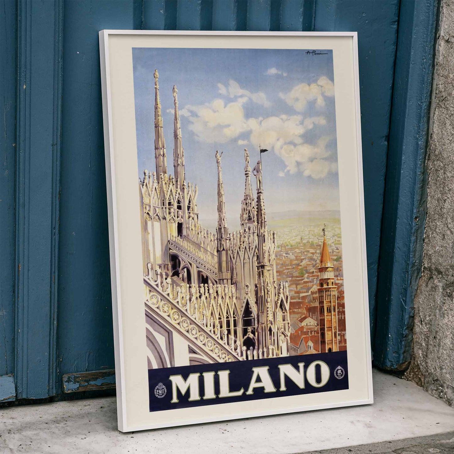 Milano cityscape and Duomo di Milano skyline illustrated by Allessandro Pomi in classic style artwork poster, framed and displayed in home decor