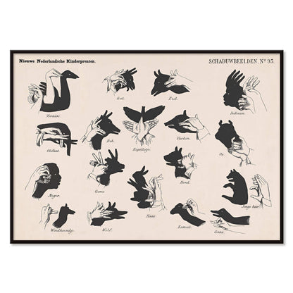 Vintage hand shadow puppet illustrations and animal shapes poster from Shadow Hands by George Lodewijk Funke artwork, with black aluminium frame on white background