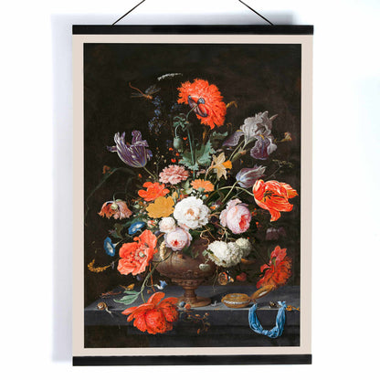 Colorful bouquet of flowers in a vase with a watch vibrant floral arrangement by Abraham Mignon Still Life with Flowers and a Watch poster, with wooden magnetic frame on white background