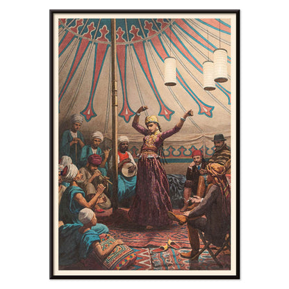 Egyptian dancer performing in a tent with musicians and spectators poster artwork by Willem de Famars Testas, with black aluminium frame on white background