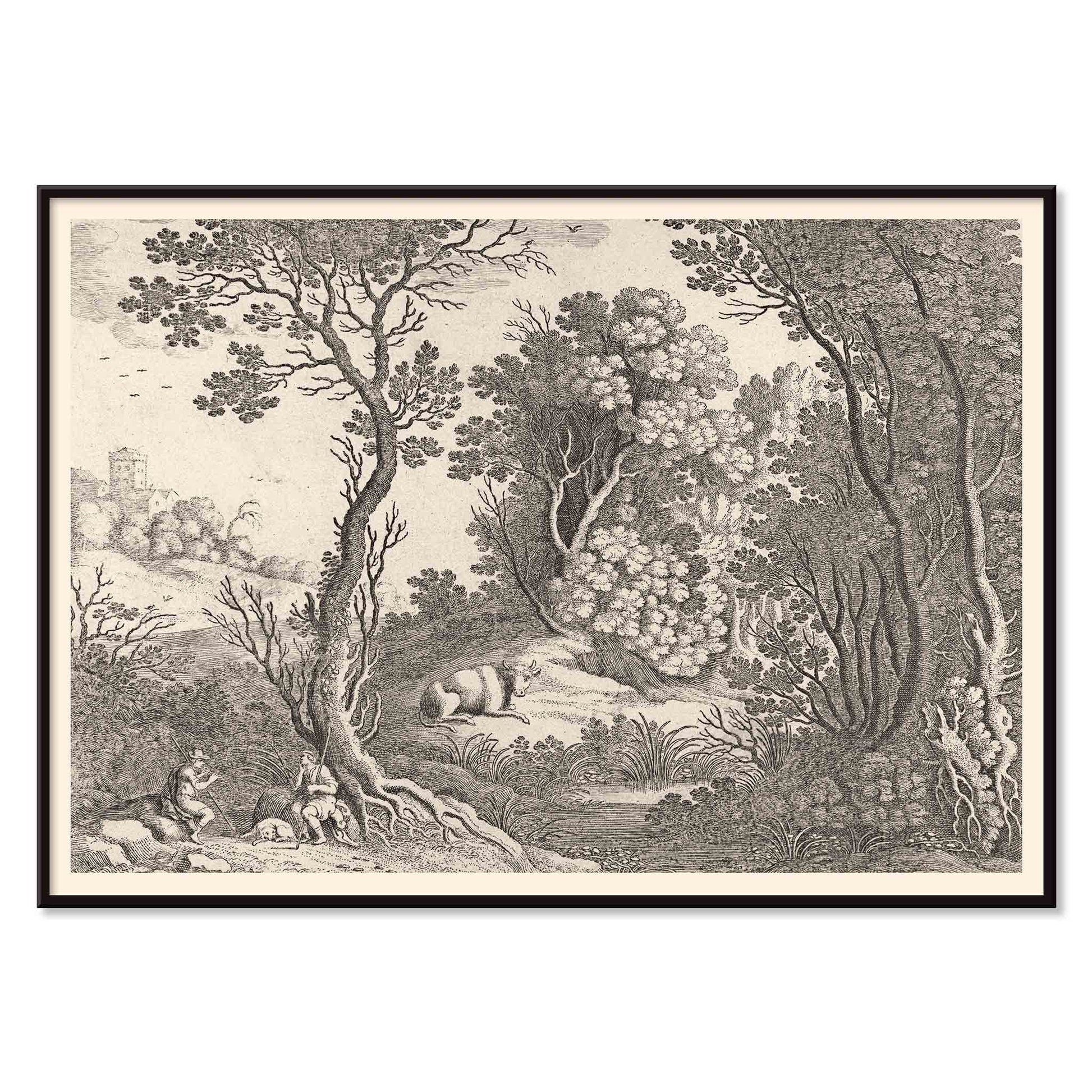 Mercury playing the flute in a detailed forest landscape with trees animals and natural scenery by Willem van Nieulandt poster, with black aluminium frame on white background