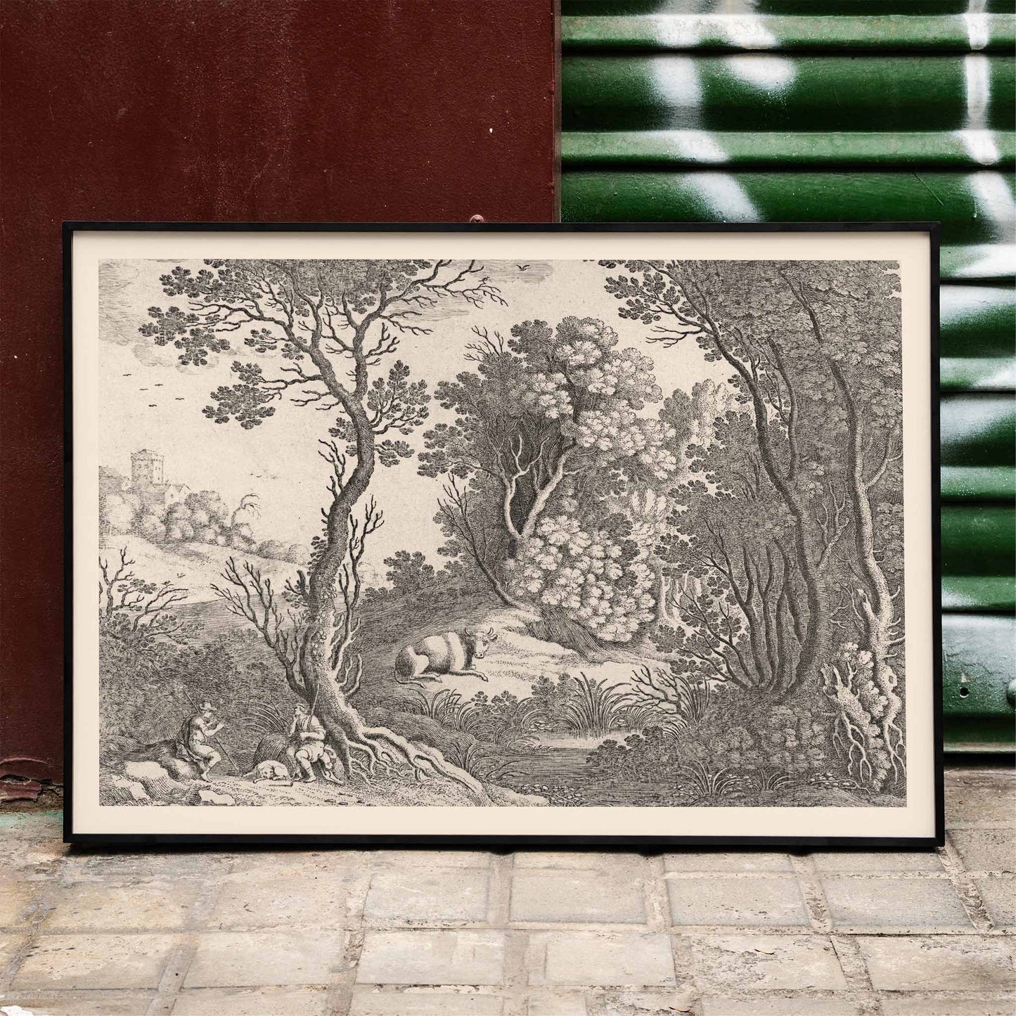 Mercury playing the flute in a detailed forest landscape with trees animals and natural scenery by Willem van Nieulandt poster, framed and displayed in home decor