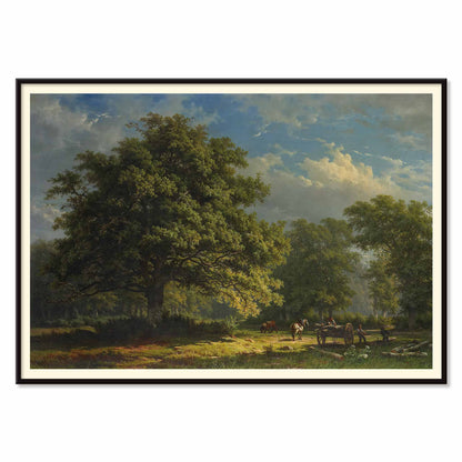 Pastoral landscape poster of The Bentheim Forest by George Andries Roth showing lush green forest large trees and people working with horses, with black aluminium frame on white background