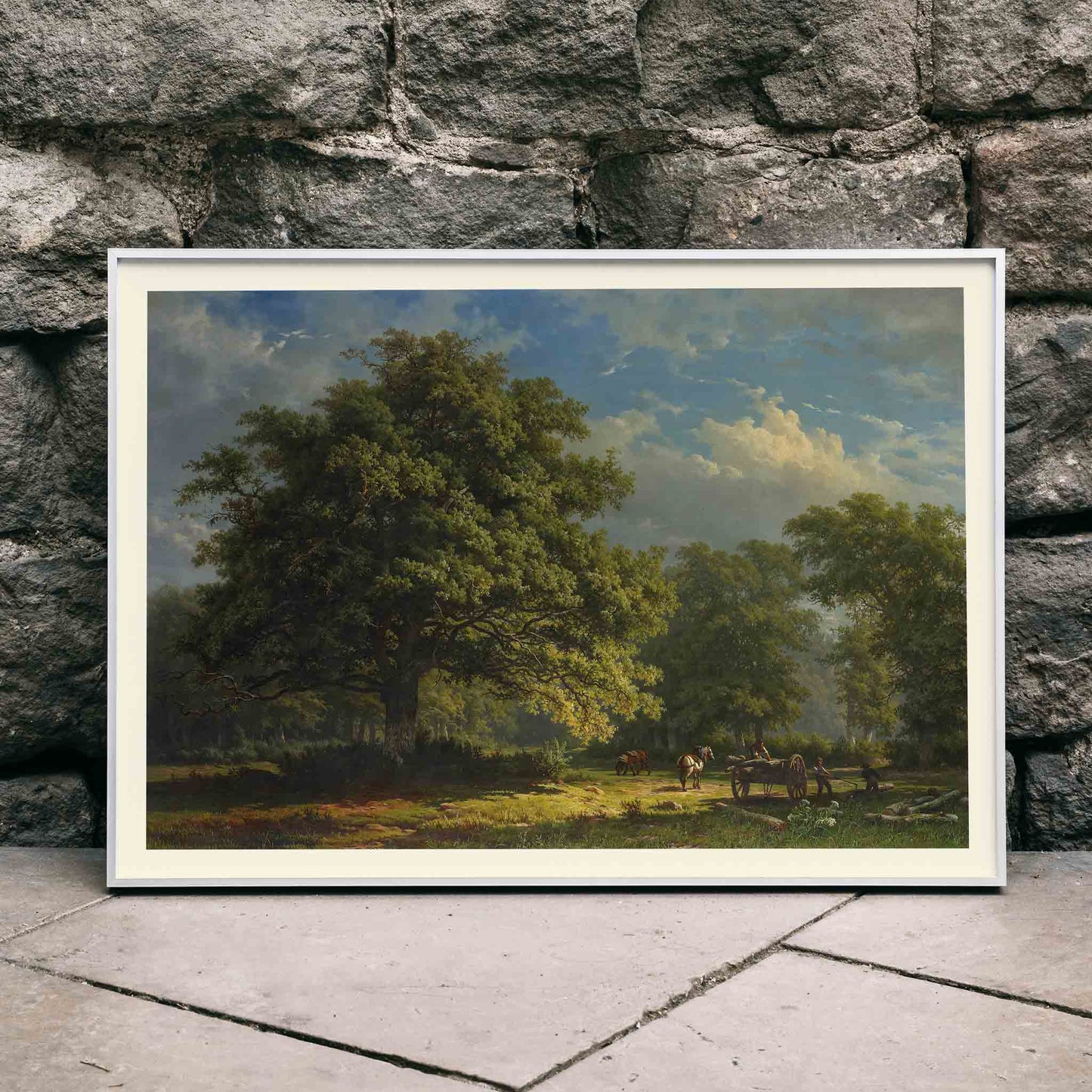 Pastoral landscape poster of The Bentheim Forest by George Andries Roth showing lush green forest large trees and people working with horses, framed and displayed in modern living room decor