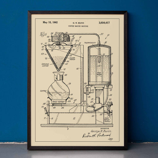 Technical diagram and poster of Coffee Making Machine by G R Bunn detailed drawing, framed and displayed in home decor