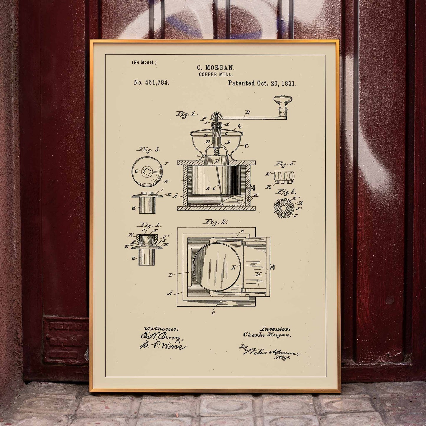 Vintage mechanical drawing and patent sketch of a coffee grinder titled Coffee Mill by C Morgan featuring detailed illustrations and technical specifications, framed and displayed in home decor