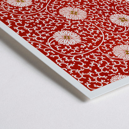 Closeup detail of Red floral pattern artwork by Owen Jones from Chinese Ornament featuring intricate white flowers and swirling vines poster