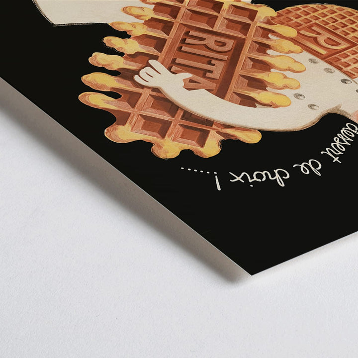 Closeup detail of Chef holding waffles with dessert de choix by Leon Dupin titled Rita Gaufres on a vintage style poster promoting desserts