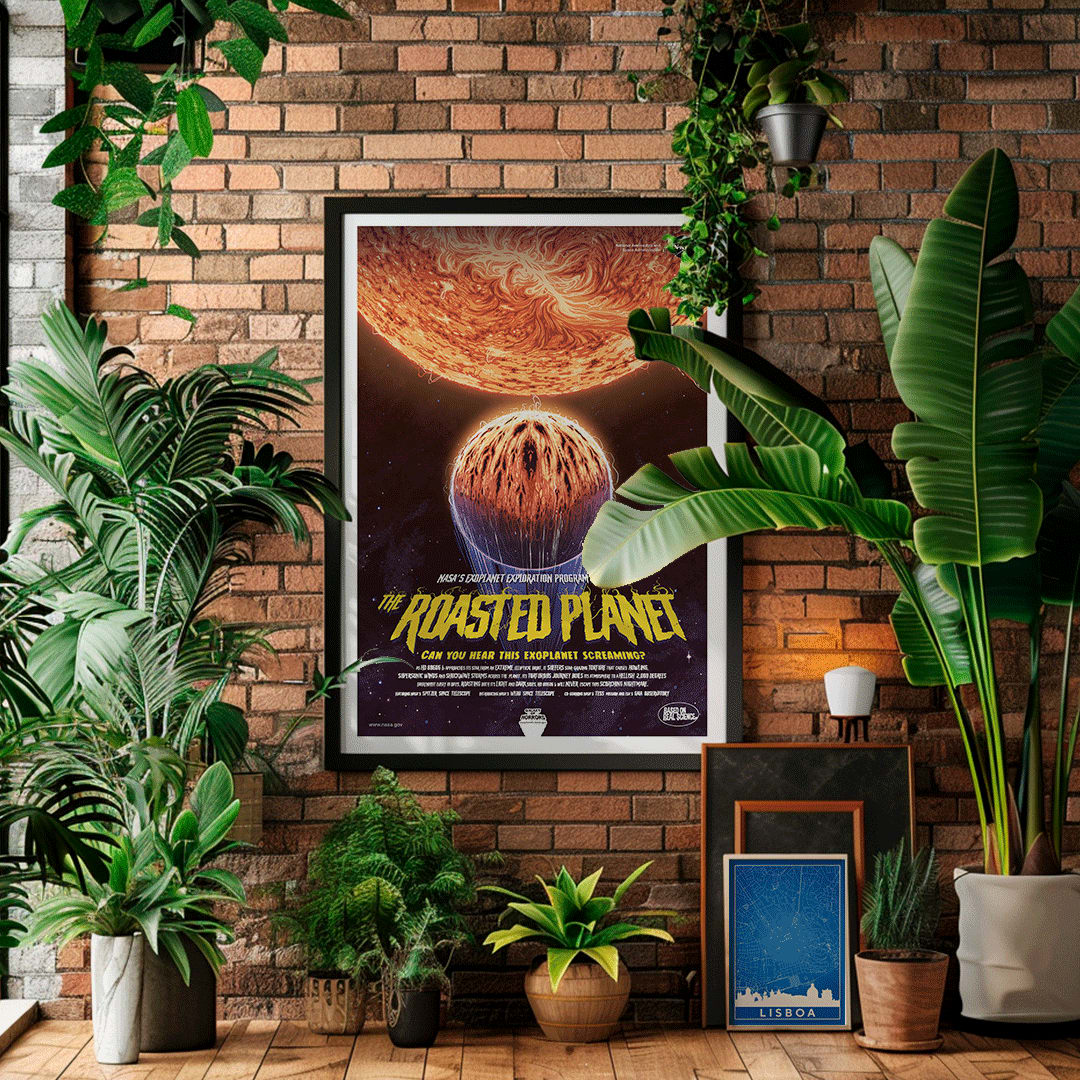 NASA poster of The Roasted Planet exoplanet being scorched by its star with vivid eruptions and a burning surface, framed and displayed in home decor