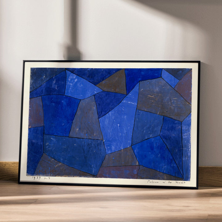 Blue geometric abstract artwork titled Rocks at Night by Paul Klee featuring varied shades and textures poster, framed and displayed in home decor