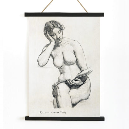 Nude Study 1896 by Kenion Cox pencil sketch of a seated nude woman reading a book contemplative expression art poster, with wooden magnetic frame on white background