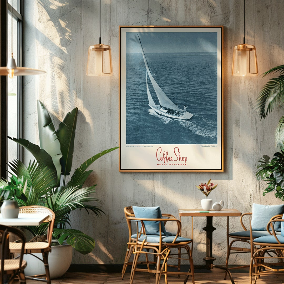 Vintage poster Coffee Shop Hotel Syracuse with sailboat on Nantucket Sound blue-toned photo by Geo I Wilcox, framed and displayed in home decor