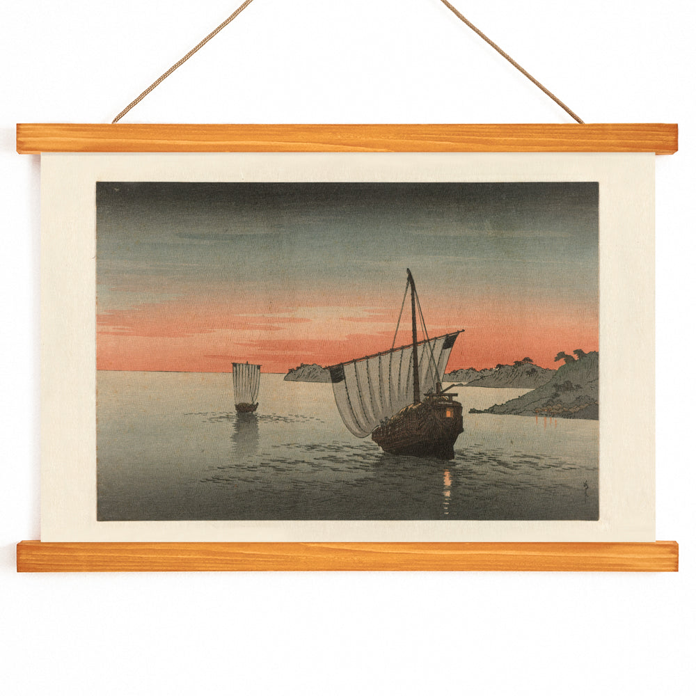 Two sailing ships at sunset along the coast by Yoshimune Utagawa with boats on calm waters near rocky shore poster artwork, with wooden magnetic frame on white background